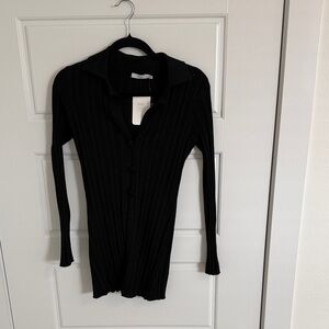 Lush Black Ribbed Button-Down Knit Top